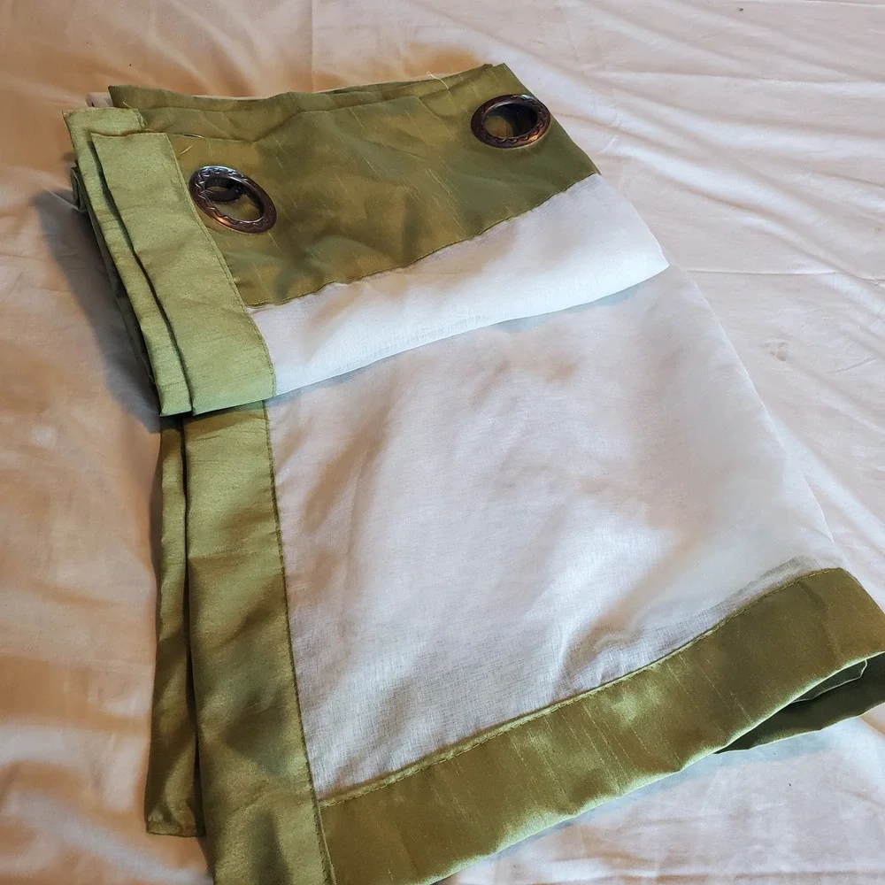 White Sheer Grommet Curtain Panel Olive Green Border 84x54 RN 118098